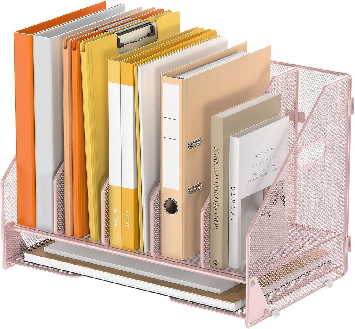 Organizador para Archivos de Escritorio con 5 Compartimentos Verticales y Bandeja para Cartas, Organizador Clasificador de Archivos de Malla para Revistas, Accesorios de Escritorio y