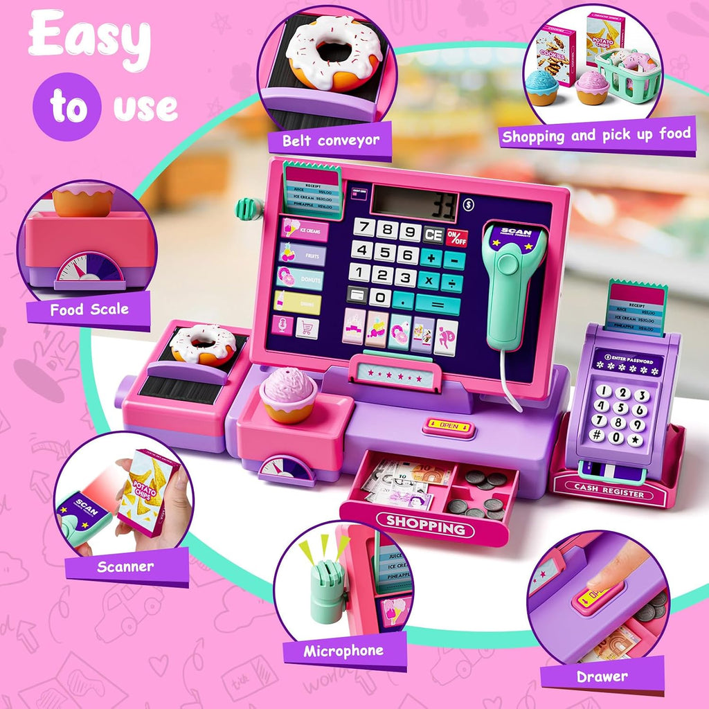 Juguete de caja registradora mejorado para niños y niñas, regalo de juego de simulación | Registro de cajero de juego de simulación con accesorios de tienda, calculadora de caja registradora con escáner/tarjeta de crédito (morado)
