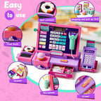 Juguete de caja registradora mejorado para niños y niñas, regalo de juego de simulación | Registro de cajero de juego de simulación con accesorios de tienda, calculadora de caja registradora con escáner/tarjeta de crédito (morado)