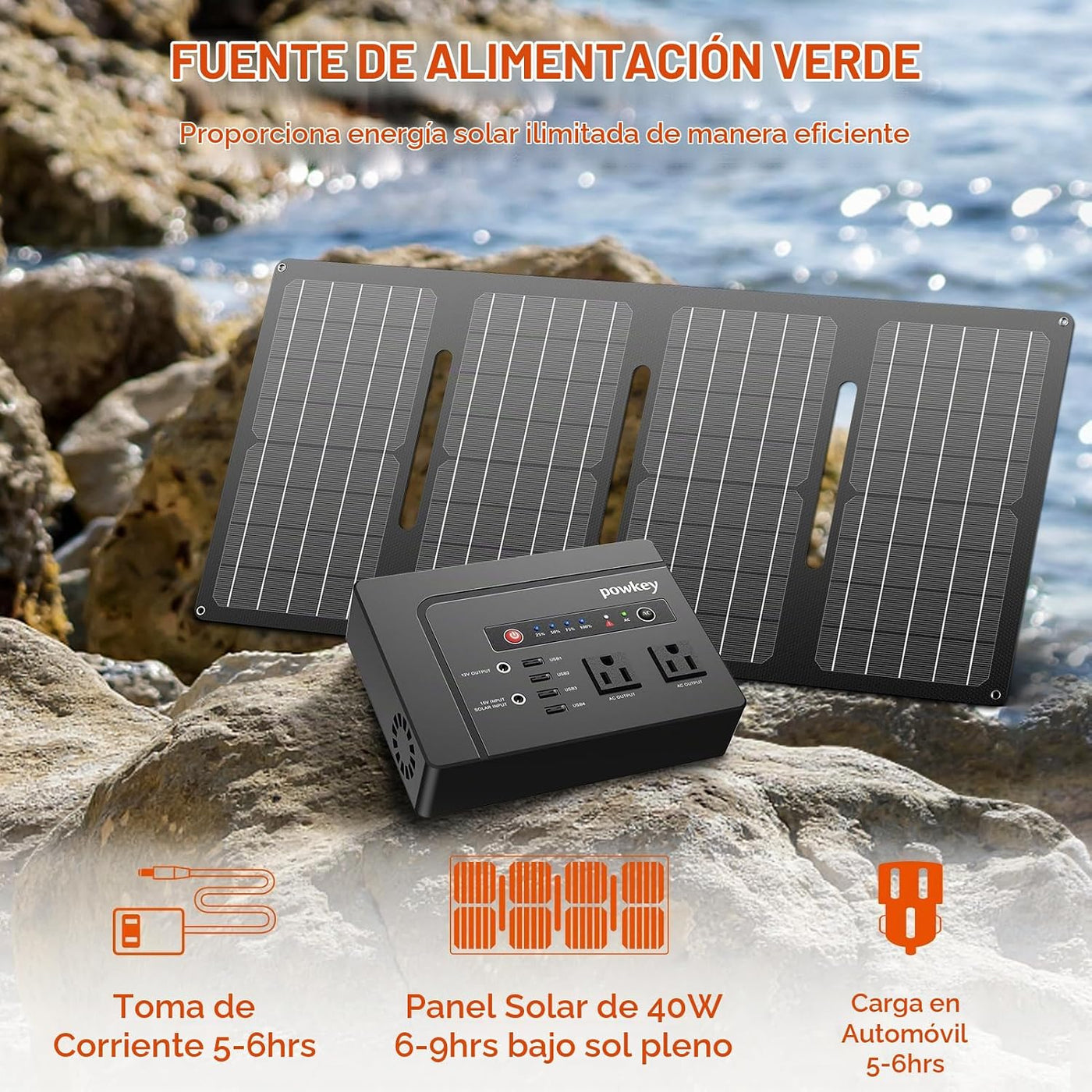 powkey Banco de energía portátil de 200 W con panel solar de 40 W,...