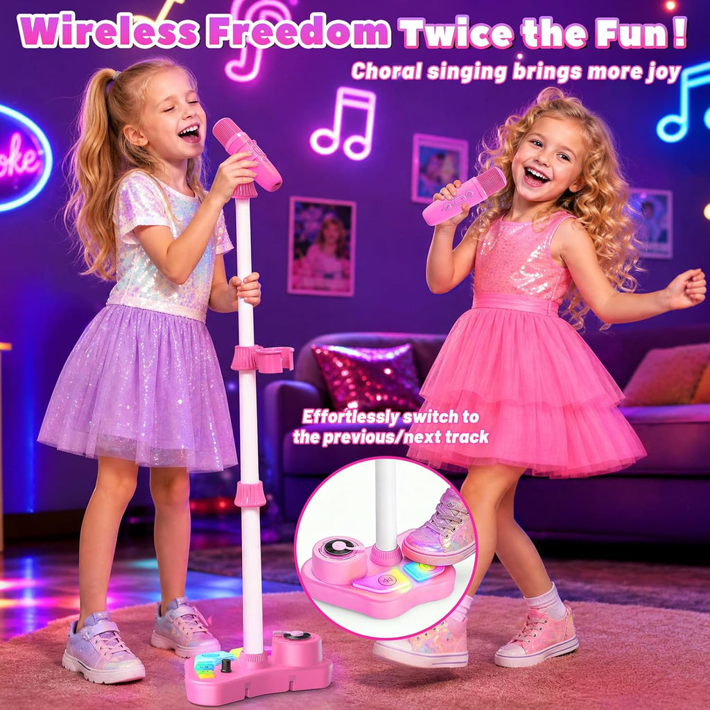 Máquina de karaoke recargable para niños con soporte ajustable, 3-5, 4, 6, 7, 8 años, micrófono inalámbrico, altavoz Bluetooth con 2 micrófonos, regalo de cumpleaños para niñas de 3 a 8 años