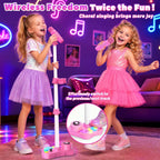 Máquina de karaoke recargable para niños con soporte ajustable, 3-5, 4, 6, 7, 8 años, micrófono inalámbrico, altavoz Bluetooth con 2 micrófonos, regalo de cumpleaños para niñas de 3 a 8 años