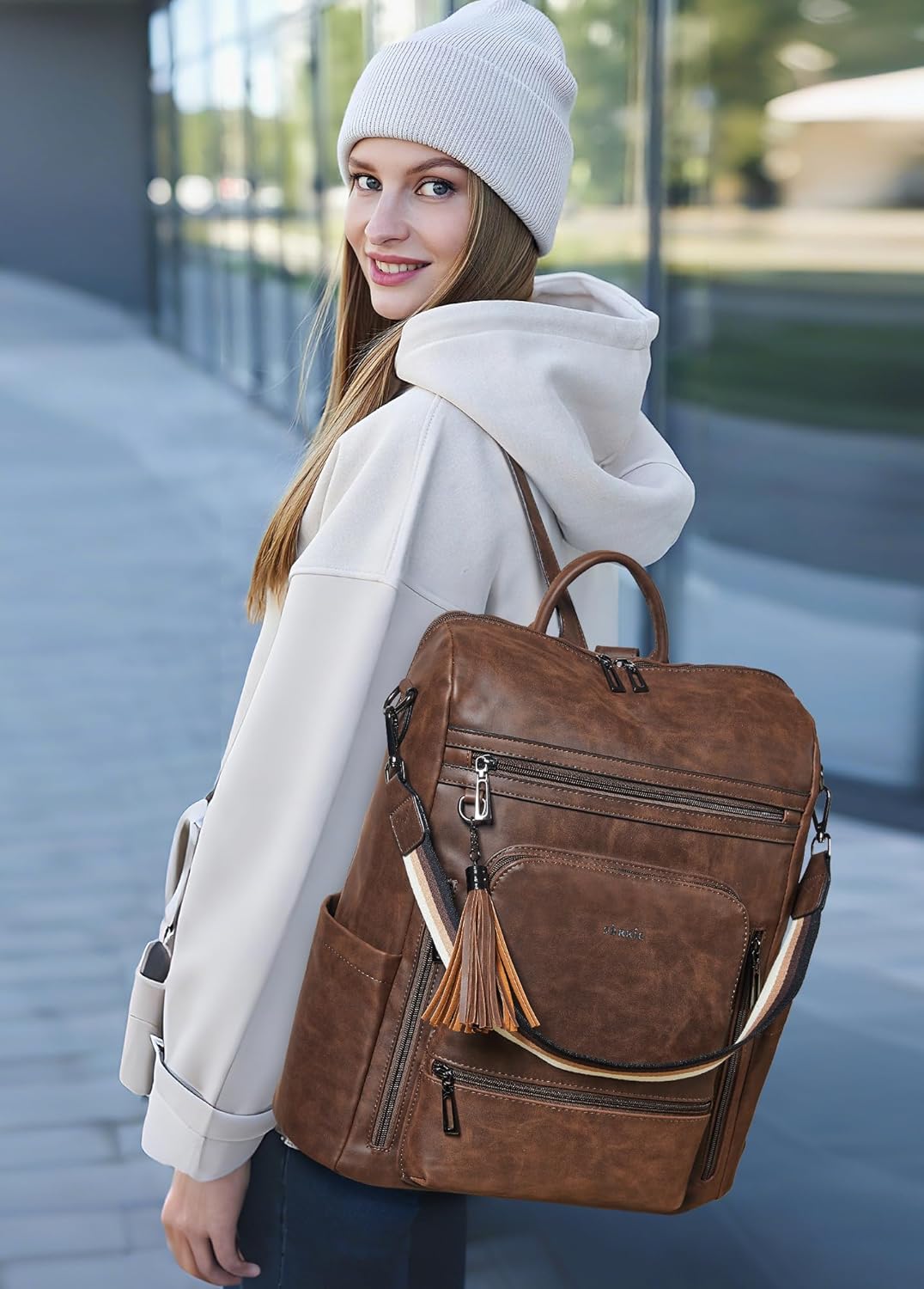 Shrrie - Mochila de cuero vegano para laptop de 14 pulgadas para mu...