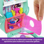 Polly Pocket Muñecas y juego de muñecas, Set Sail Kitty Compact, juguete de viaje con 1 micro muñeca, gatos de mascotas, comida y accesorios de estilo de moda