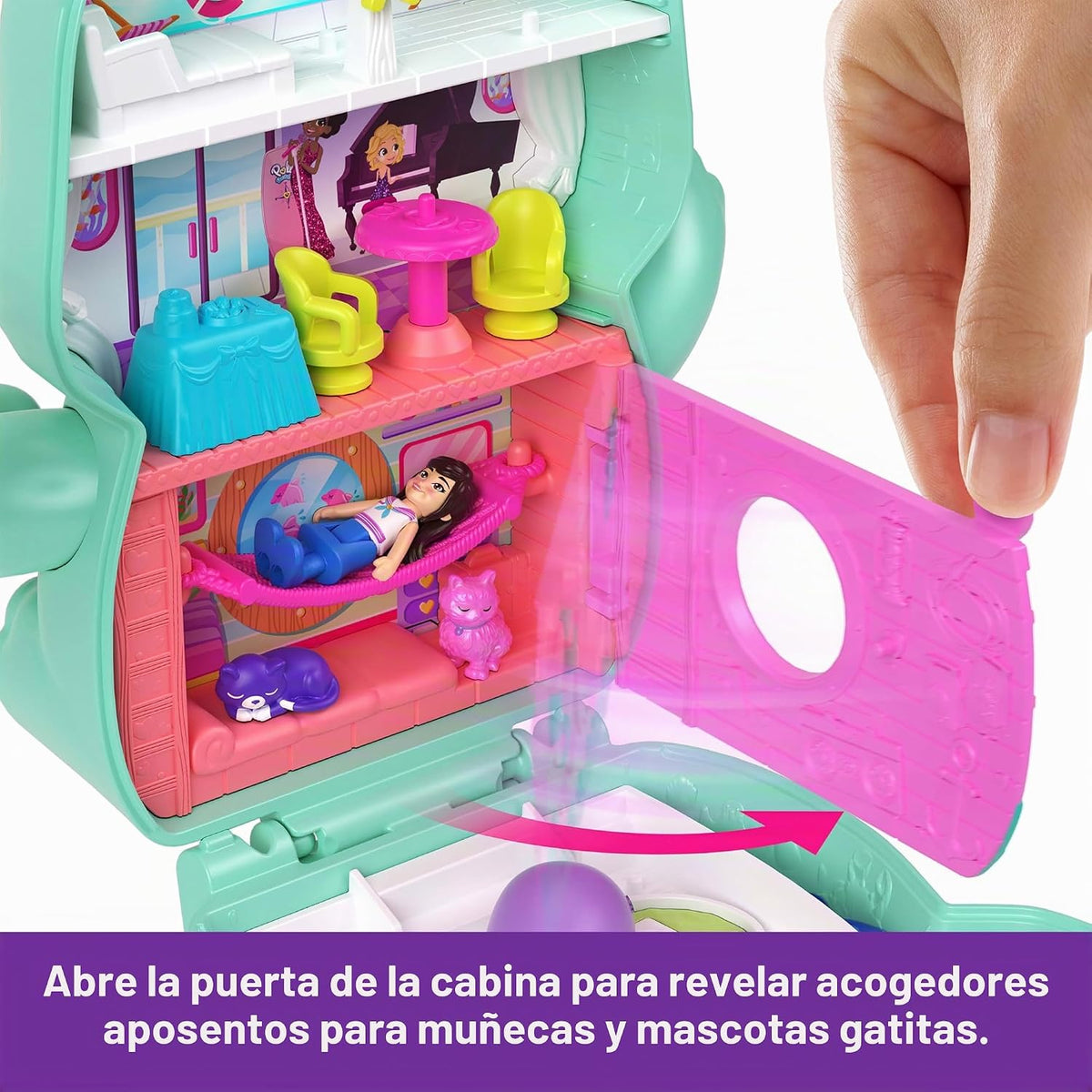Polly Pocket Muñecas y juego de muñecas, Set Sail Kitty Compact, juguete de viaje con 1 micro muñeca, gatos de mascotas, comida y accesorios de estilo de moda