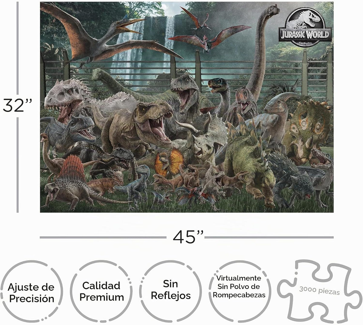 AQUARIUS Jurassic World - Rompecabezas de 3000 piezas con tabla de tallas de dinosaurios