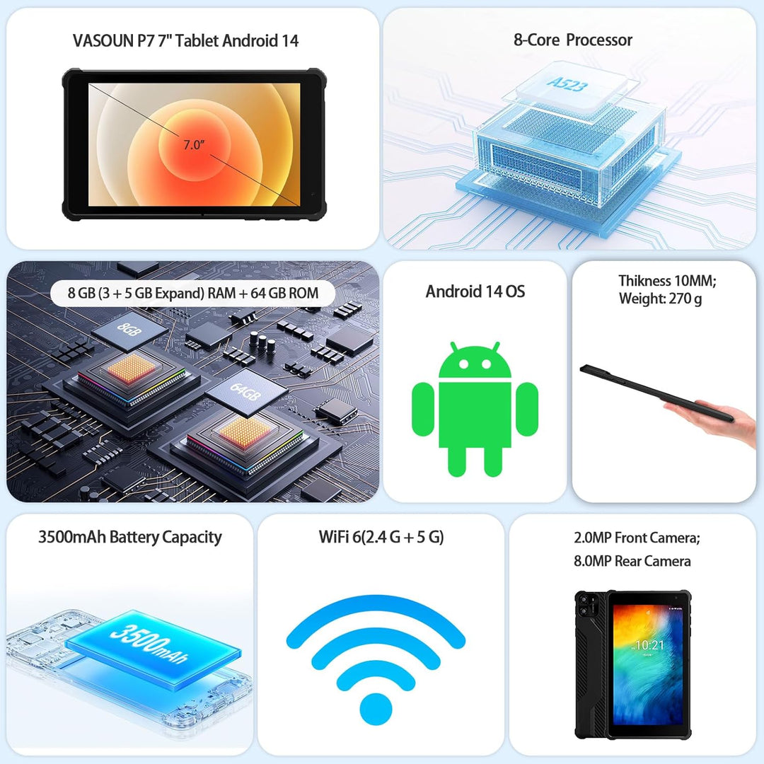 VASOUN Tablet Android 14 de 7 pulgadas, 8 GB de RAM 64 GB ROM, Octa...