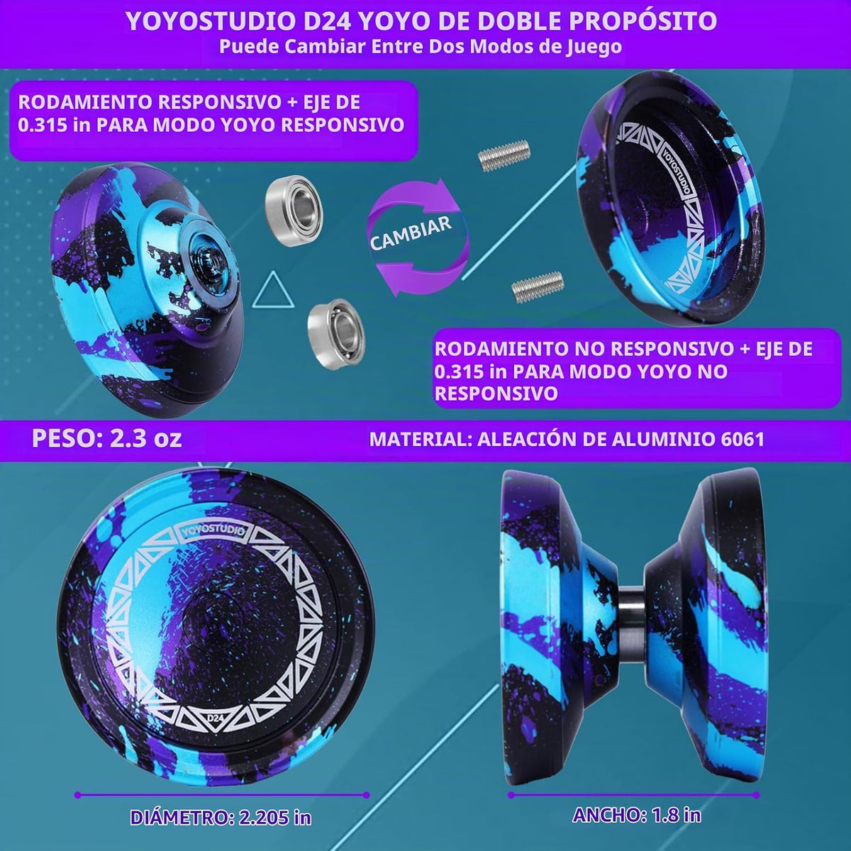 YOYOSTUDIO Yoyo profesional D24, truco de giro de dedo Yoyo para niños de 8