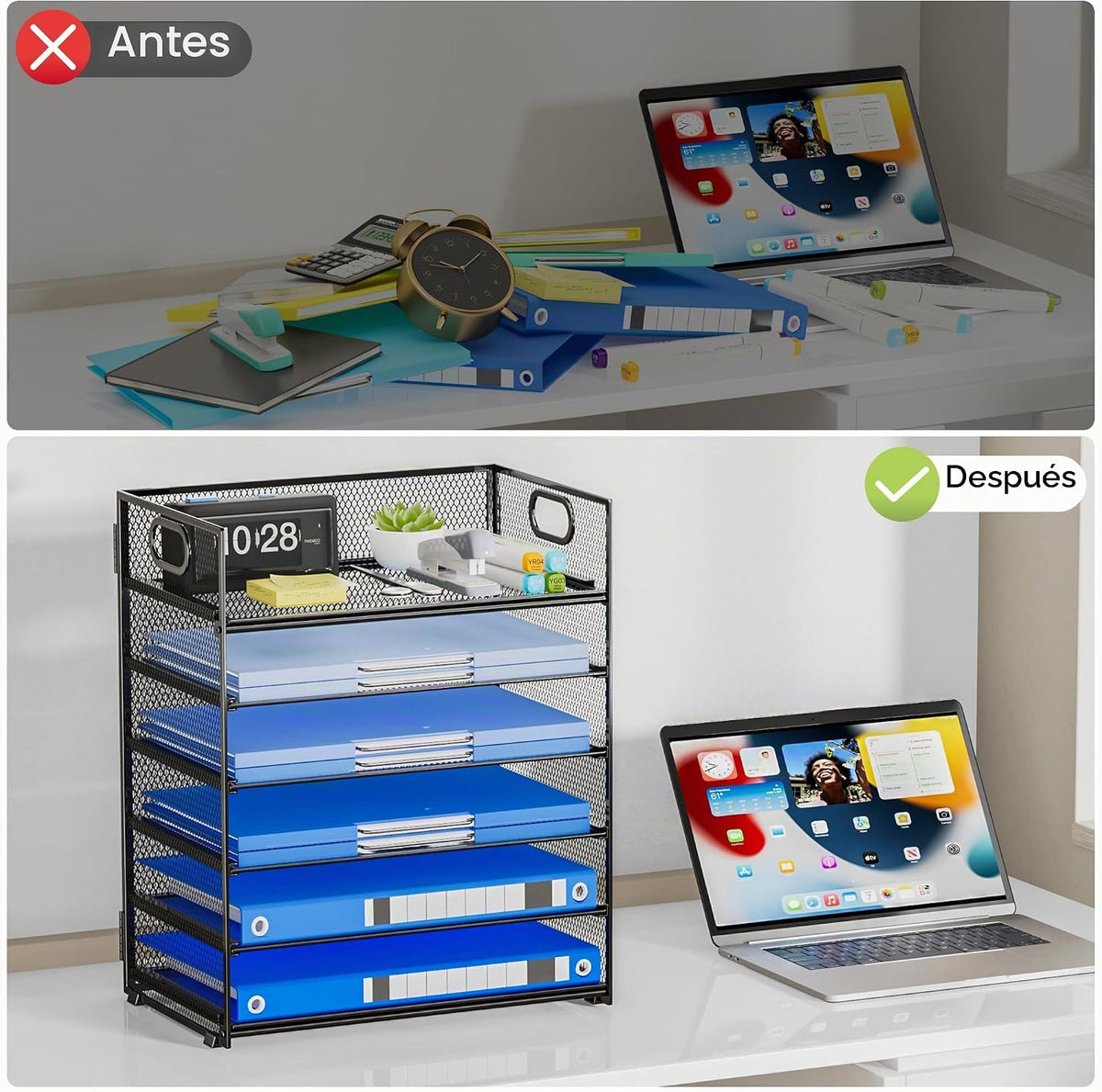 Organizador de papel de 6 niveles para escritorio con asa