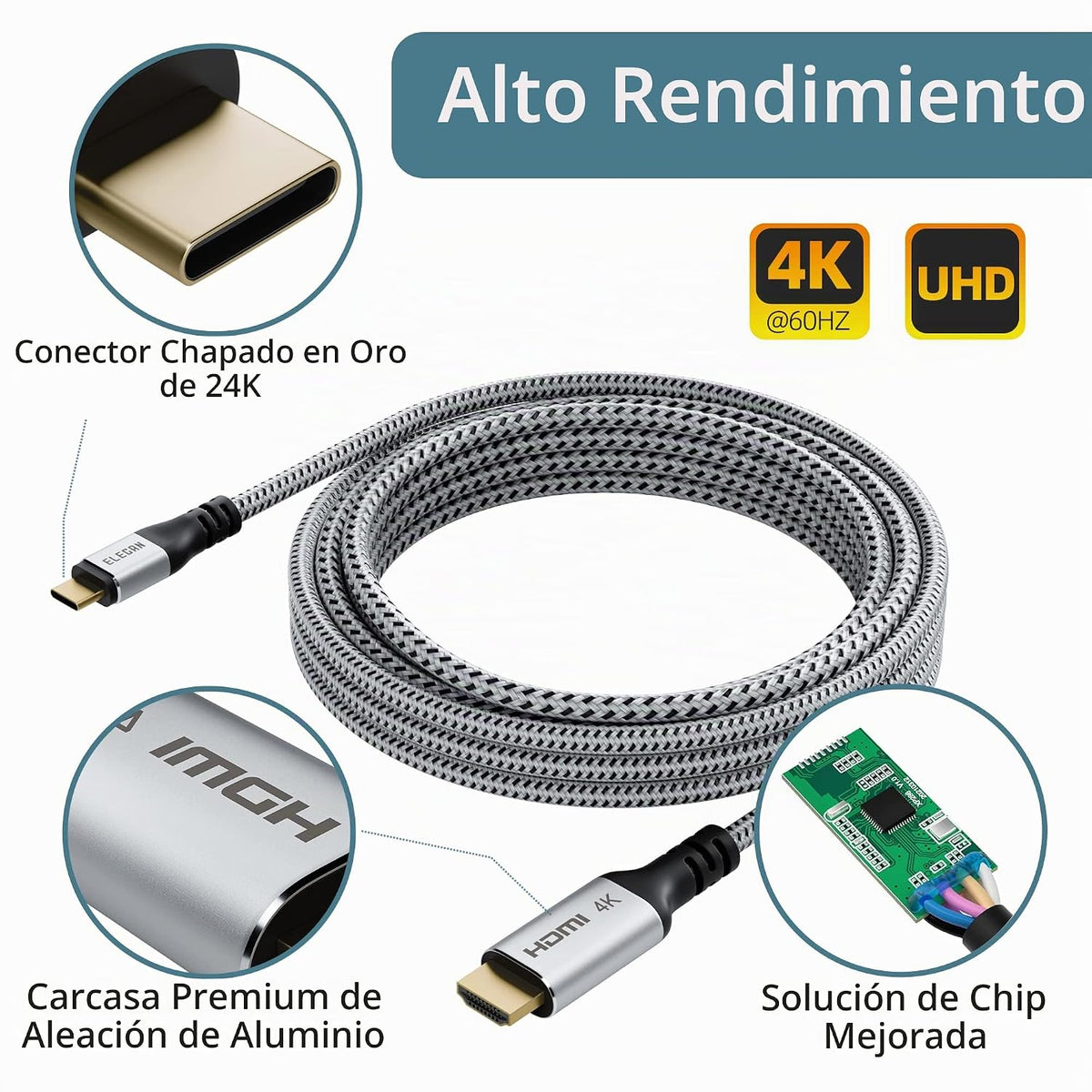 Cable USB C a HDMI de 20 pies, 4K a 60 Hz HDR, chapado en oro trenzado USB 3.1 tipo C a HDMI 2.0 cable Thunderbolt 3 compatible con Galaxy MacBook Pro/Air iPad Pro Surface Dell HP con 5 lazos