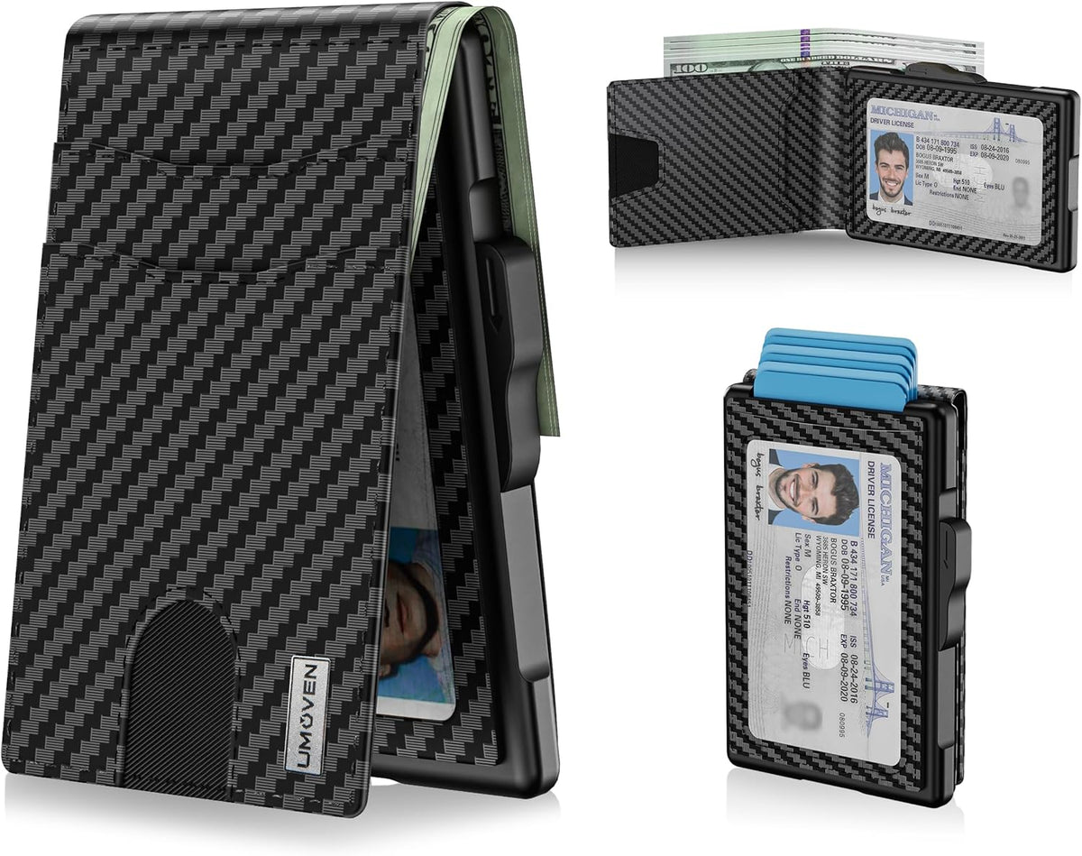 Cartera de cuero minimalista con bloqueo RFID, billetera plegable, Fibra de carbono