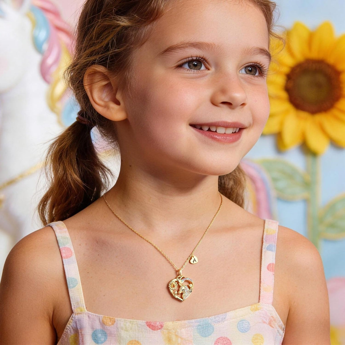 MONOOC Regalos para el día de la madre: regalos de unicornio de girasol para niños y niñas, chapado en oro de 14 quilates, collar de unicornio con inicial de circonita cúbica, collar de letras de