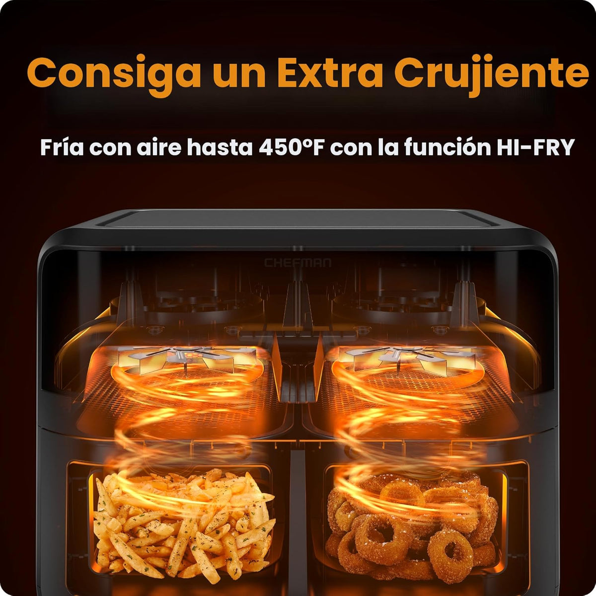 CHEFMAN Horno freidora de aire de doble cesta de 6 cuartos con ventanas de fácil visión, acabado de sincronización, Hi-Fry, apagado automático, 2 cestas independientes antiadherentes de 3 cuartos de