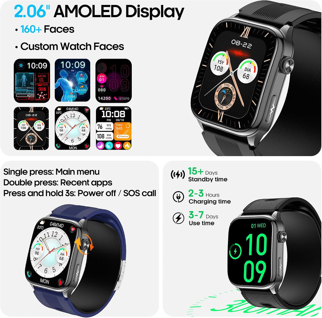 Smart Watch para Hombres y Mujeres con Diseño de Correa con Airbag, Pantalla AMOLED de 2.06", Monitor de Ritmo Cardíaco y Presión Arterial, Oxígeno en Sangre y Seguimiento del Sueño, 136 Modos Deportivos Fitness Tracker (Negro)