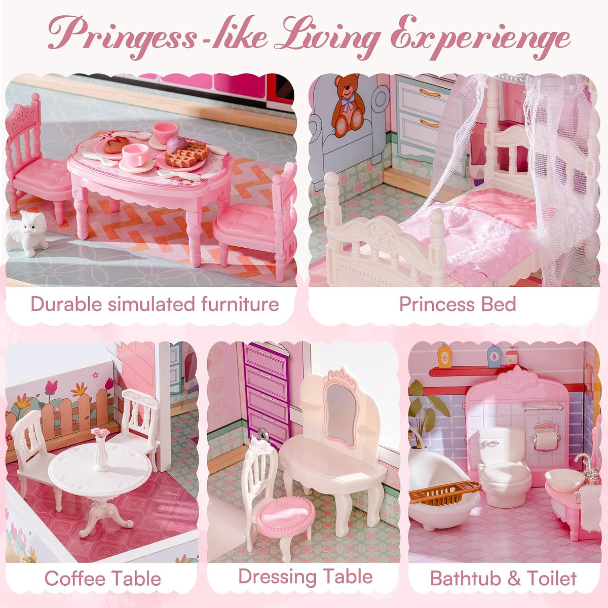 ROBOTIME Casa de muñecas de madera, juego de casas de muñecas con 24 muebles para muñecas de 4, 5, 6 pulgadas, regalo de casa de muñecas para niñas de más de 3 años (rosa)
