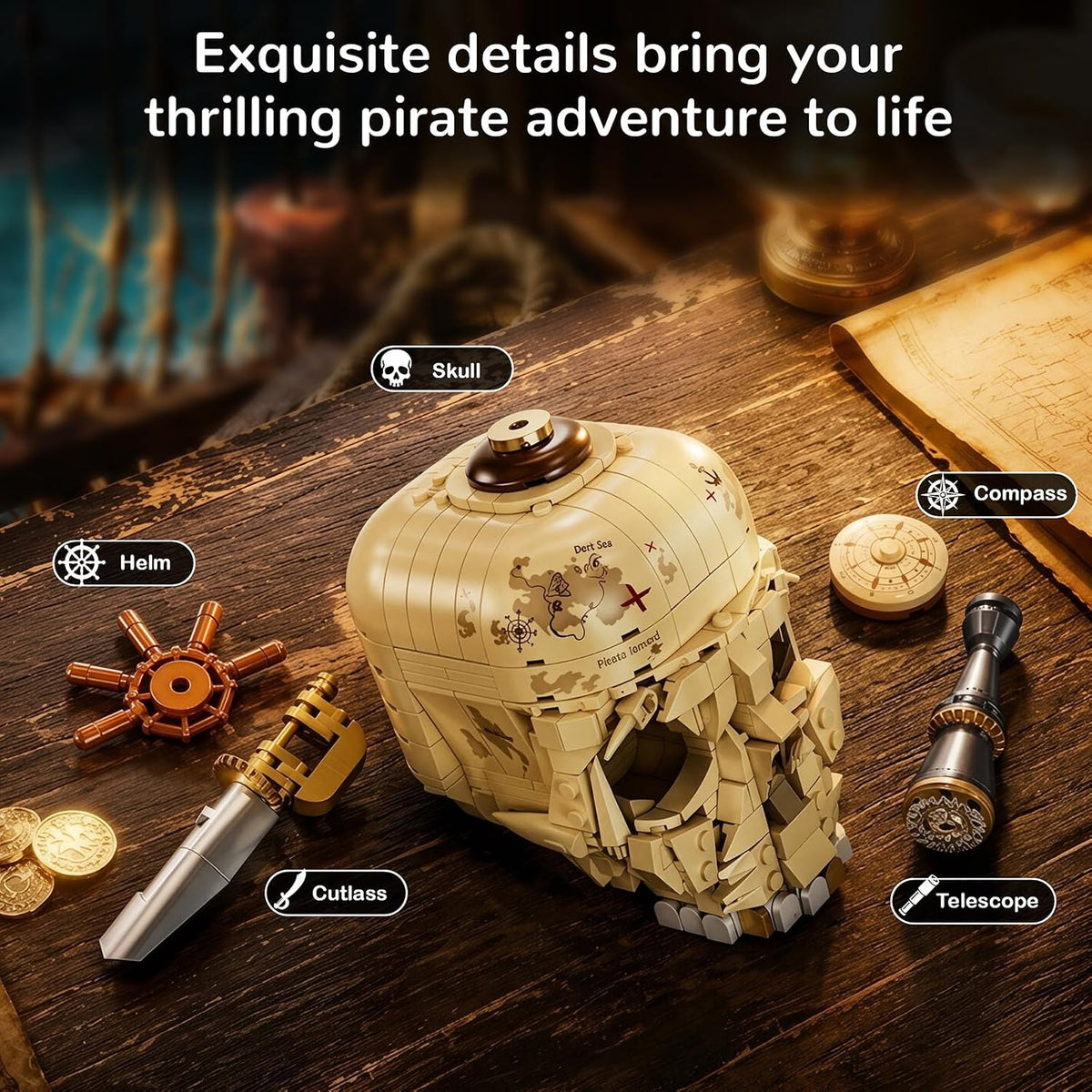 Juego de construcción de globo de calavera pirata, 1136 piezas, kit de