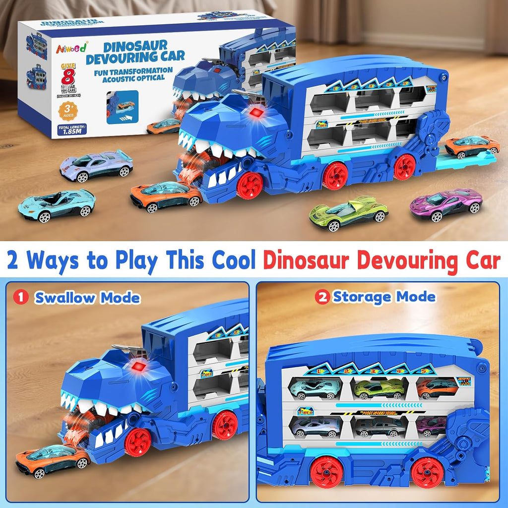 Juego de juguetes de pista de carreras de autos de transporte de dinosaurios para niños con coches de metal fundido a presión