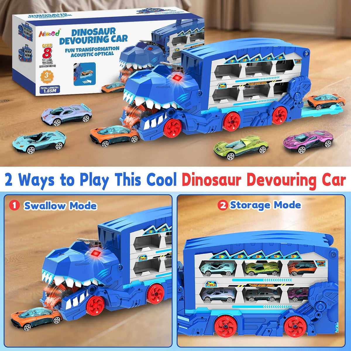 Juego de juguetes de pista de carreras de autos de transporte de dinosaurios para niños con coches de metal fundido a presión