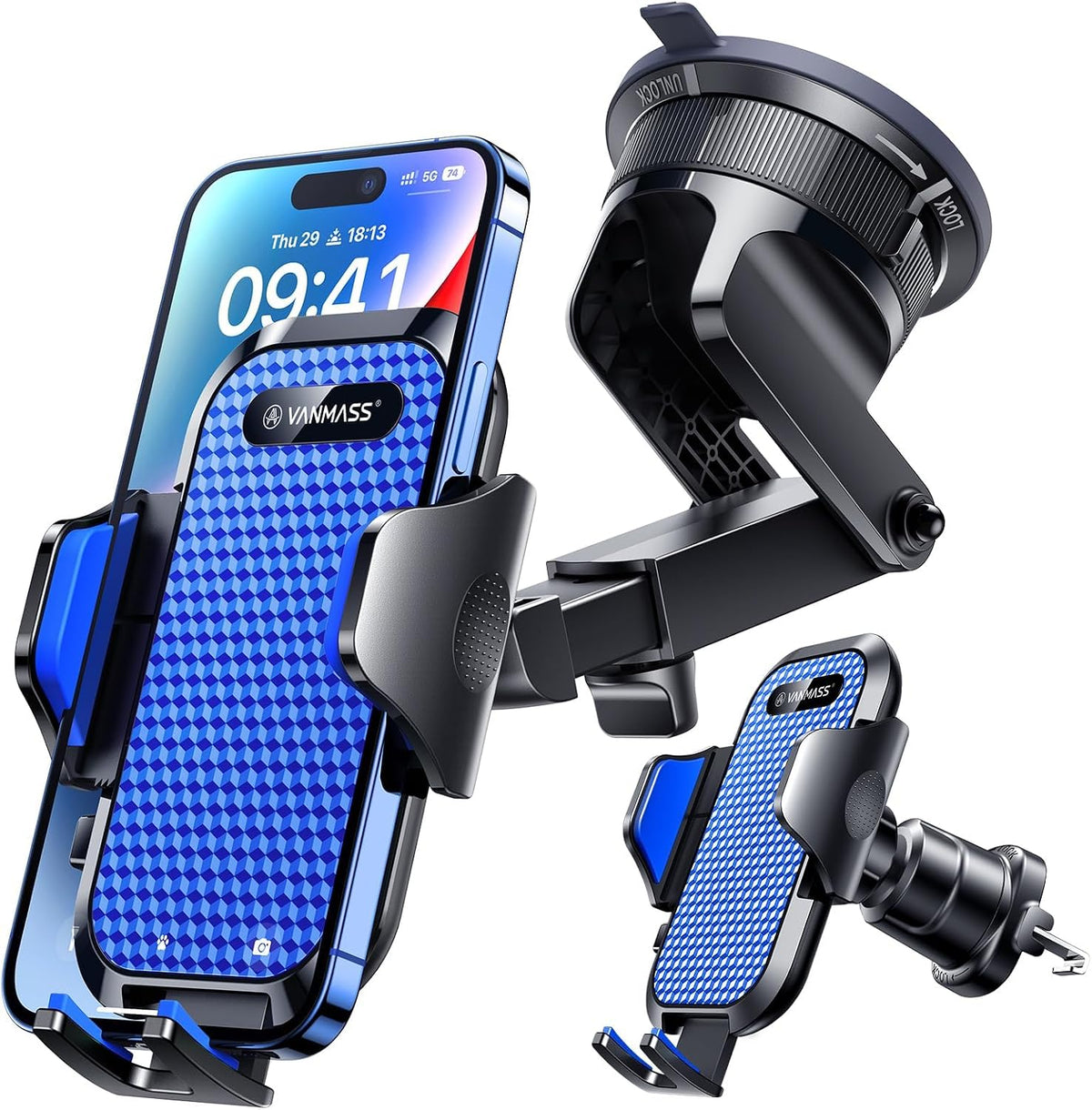 VANMASS Soporte de teléfono de automóvil de grado militar verdadero [mejor succión y clip] Soporte de teléfono celular para salpicadero, parabrisas, ventilación, camión, cuna, soporte para iPhone 15 Pro Max 14 13 12 Android, azul