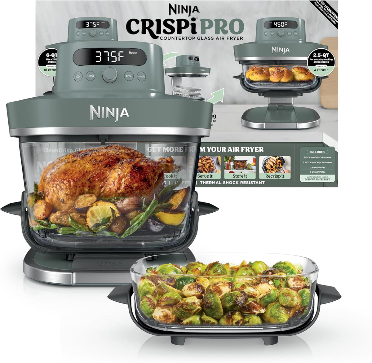 Ninja Crispi Pro - Freidora de aire de vidrio, 6 en 1, gris ceniza, AS101DG