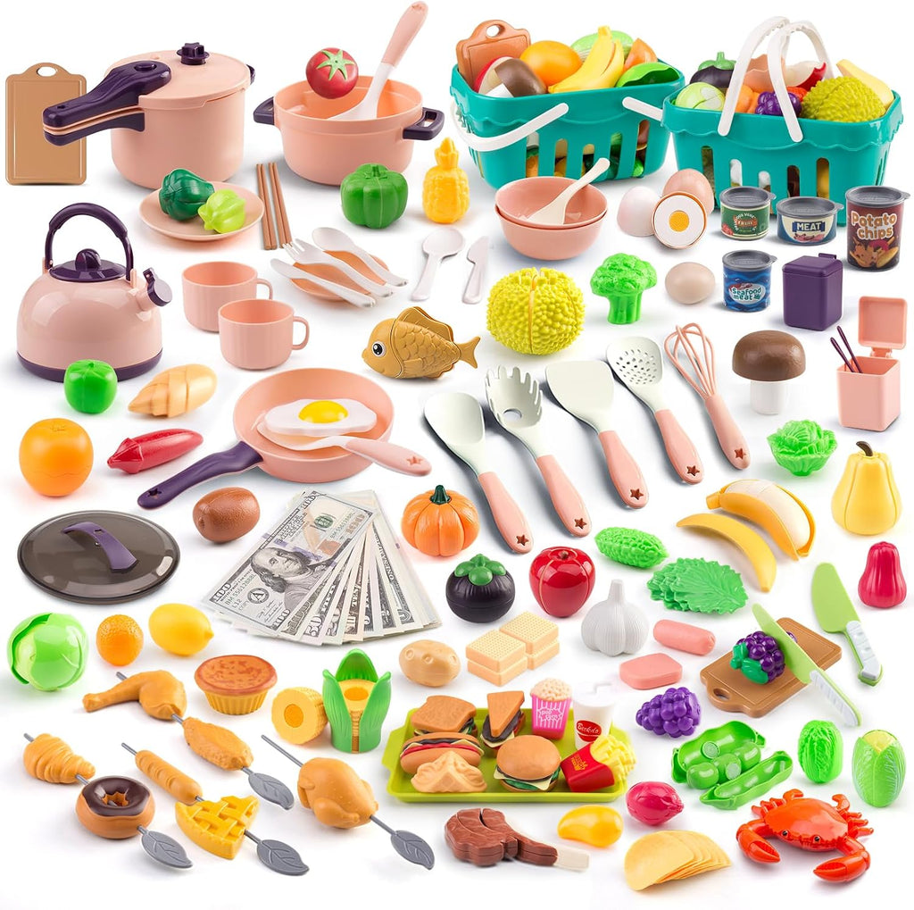 240 piezas de accesorios de cocina para niños, sartenes de juego, ollas, utensilios de cocina con postres, verduras cortables y juego de barbacoa y cesta de almacenamiento, dinero de utilería, regalo de aprendizaje para niños, niños pequeños, niños, rosa