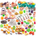 240 piezas de accesorios de cocina para niños, sartenes de juego, ollas, utensilios de cocina con postres, verduras cortables y juego de barbacoa y cesta de almacenamiento, dinero de utilería, regalo de aprendizaje para niños, niños pequeños, niños, rosa