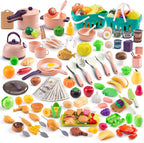 240 piezas de accesorios de cocina para niños, sartenes de juego, ollas, utensilios de cocina con postres, verduras cortables y juego de barbacoa y cesta de almacenamiento, dinero de utilería, regalo de aprendizaje para niños, niños pequeños, niños, rosa