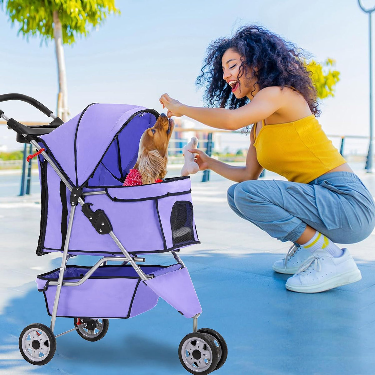 FDW Carriola para mascotas de 3 ruedas, plegable y duradera, para gatos y perros, con forro lavable, canasta de almacenamiento y portavasos, color púrpura
