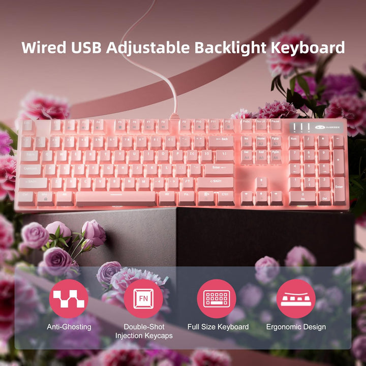 MageGee Teclado para juegos rosa con cable USB, nuevo teclado mecán...