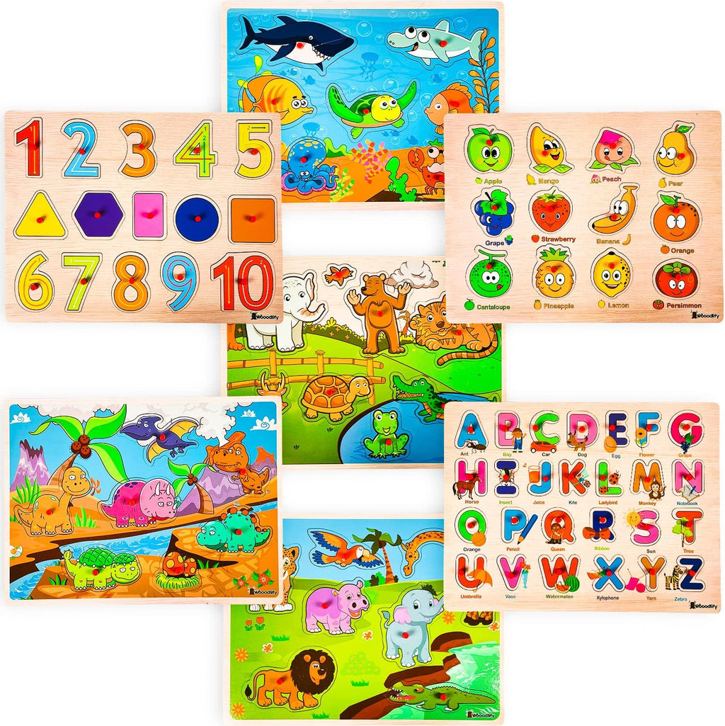 Paquete de 7 rompecabezas de madera para niños de 2, 3, 4, 5 años, 7 coloridos rompecabezas de madera gruesa para niños de 2 a 5 años, números en forma del alfabeto, frutas, animales marinos, dinosaurios, zoológico, juguetes educativos de aprendizaje para