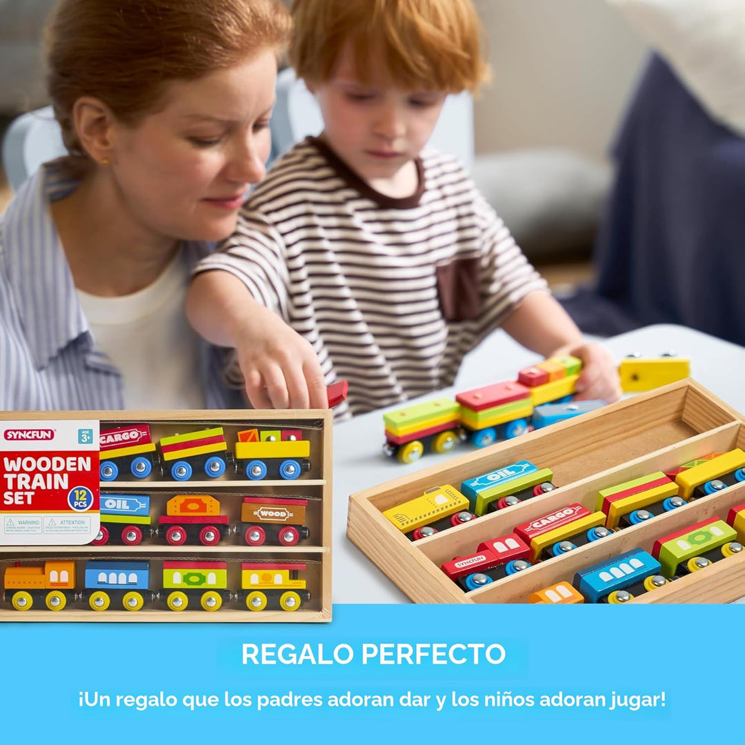 Montessori - Juego de tren de madera para niños 12 vagones