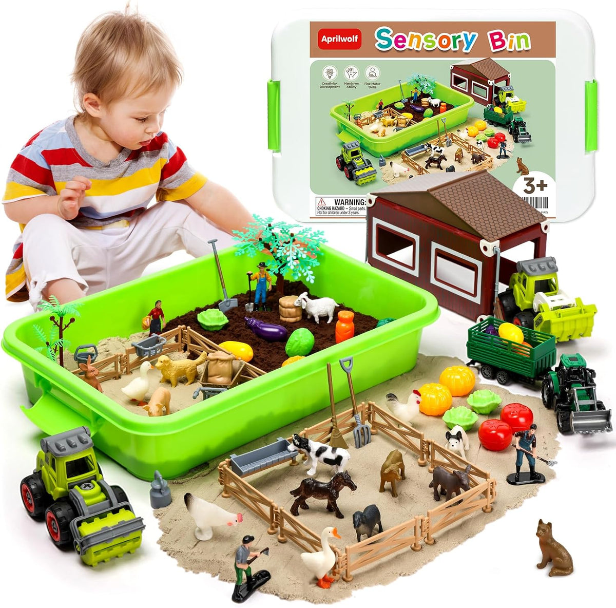 Aprilwolf 69 piezas Juego de juguetes de granja para caja sensorial, arenero con arena, tractor de granjero y figuras de animales de granja para niños de 3, 4, 5 años, regalos para niños de 6, 7 años