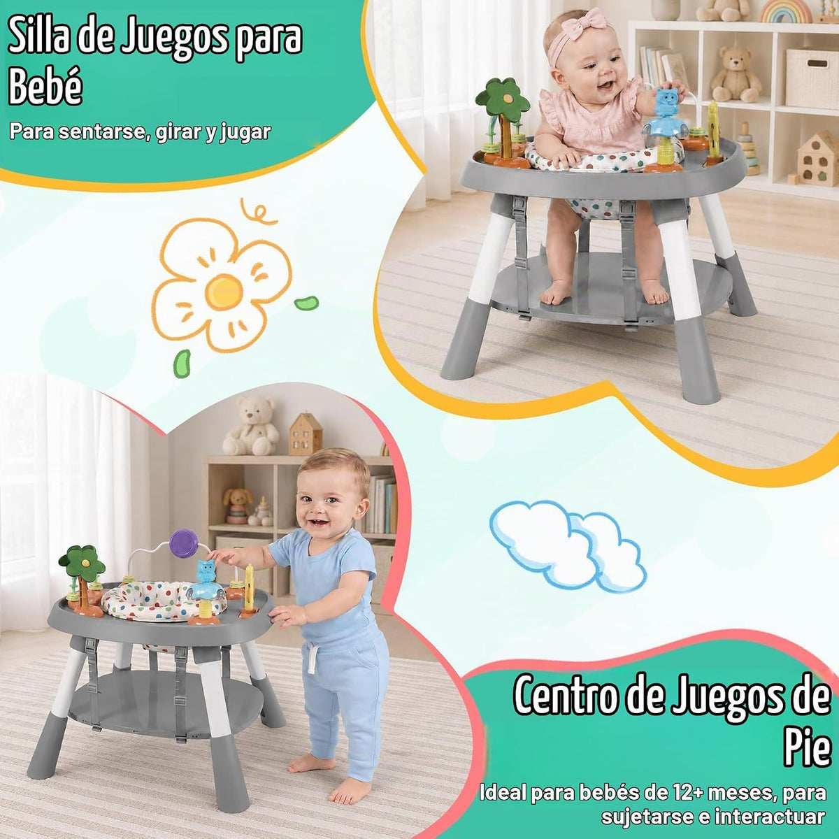 Centro de Actividades para Bebé 6 en 1, Mesa de Actividades Estacionaria para Estar de Pie (Gris)
