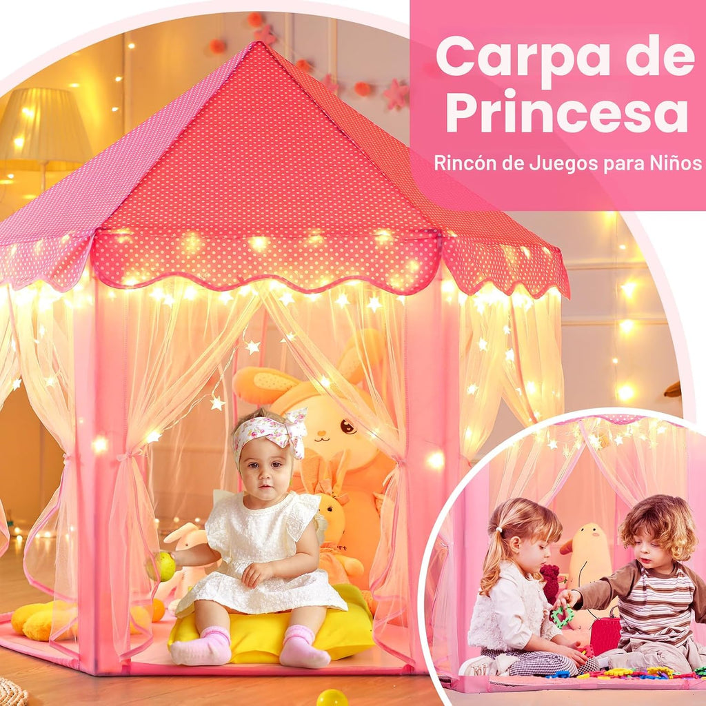Tienda de campaña de princesa para niñas, casa de juegos grande, castillo para niños, tienda de campaña con luces de estrella, juguete para interiores y exteriores, 55 x 53 pulgadas