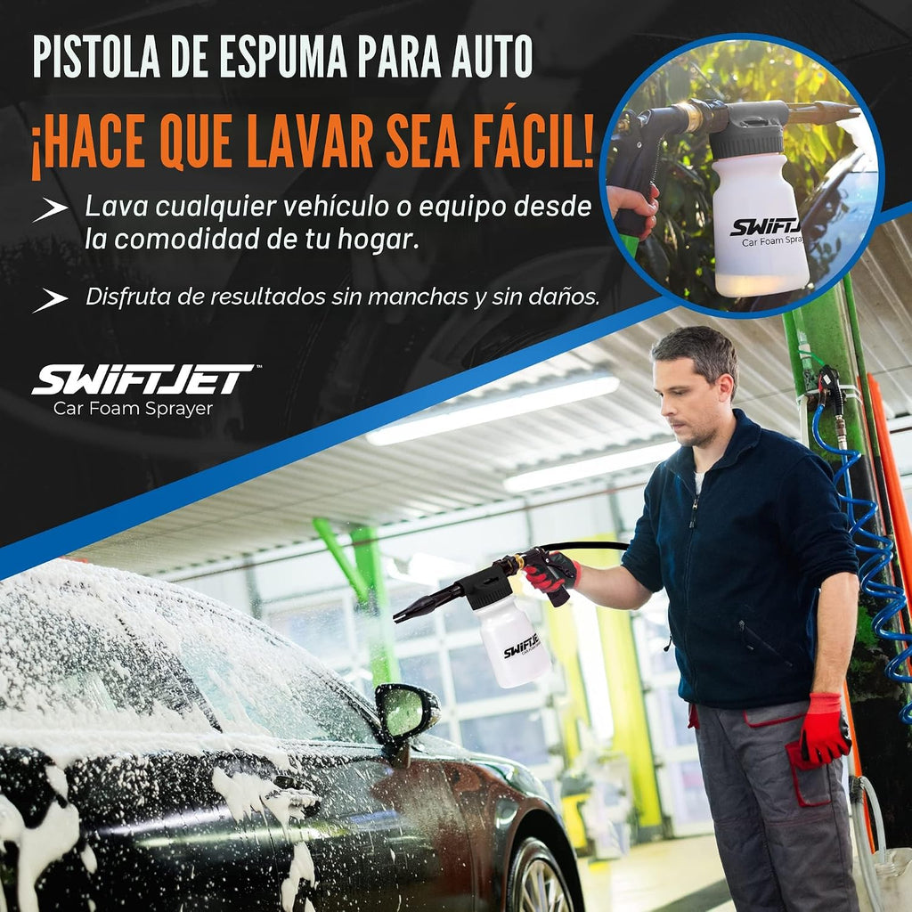 SwiftJet Pistola de espuma para lavado de autos + guante de microfibra – Funciona con cualquier jabón – Pulverizador de espuma para manguera de jardín – Kit de lavado de coche de cañón de espuma – Accesorios de coche Pistola de espuma negra con manopla
