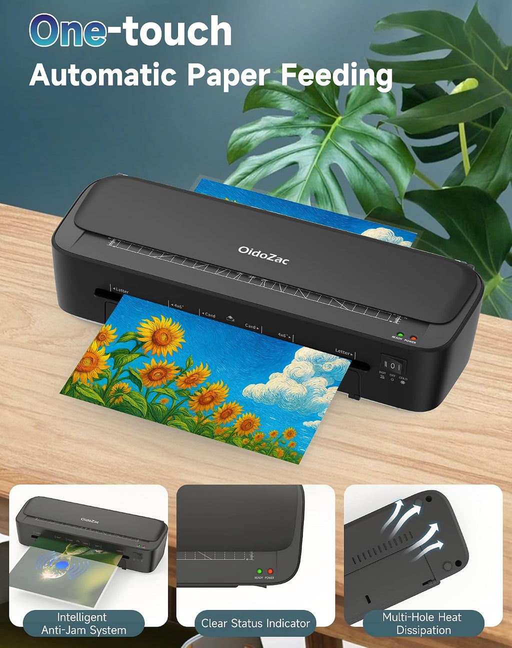 Máquina Laminadora OidoZac, Tecnología Antiatasco de 11 en 1 con 36 Hojas Laminadoras, Laminadora Térmica de 9 Pulgadas A4, Máquina Laminadora A4 en Modo Caliente y Frío para Hogar, Oficina y Escuela