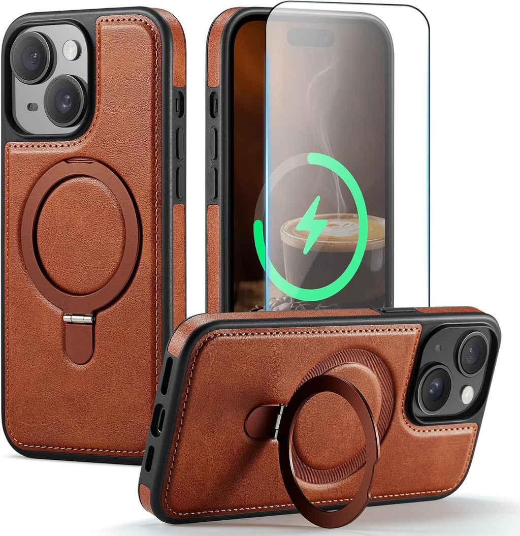 Funda para iPhone 15 con Soporte Compatible con Magsafe de Cuero PU Delgado y TPU Duradero a Prueba de Caídas Soporte Magnético Plegable Funda Protectora para Teléfono con Protector de