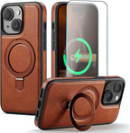 Funda para iPhone 15 con Soporte Compatible con Magsafe de Cuero PU Delgado y TPU Duradero a Prueba de Caídas Soporte Magnético Plegable Funda Protectora para Teléfono con Protector de