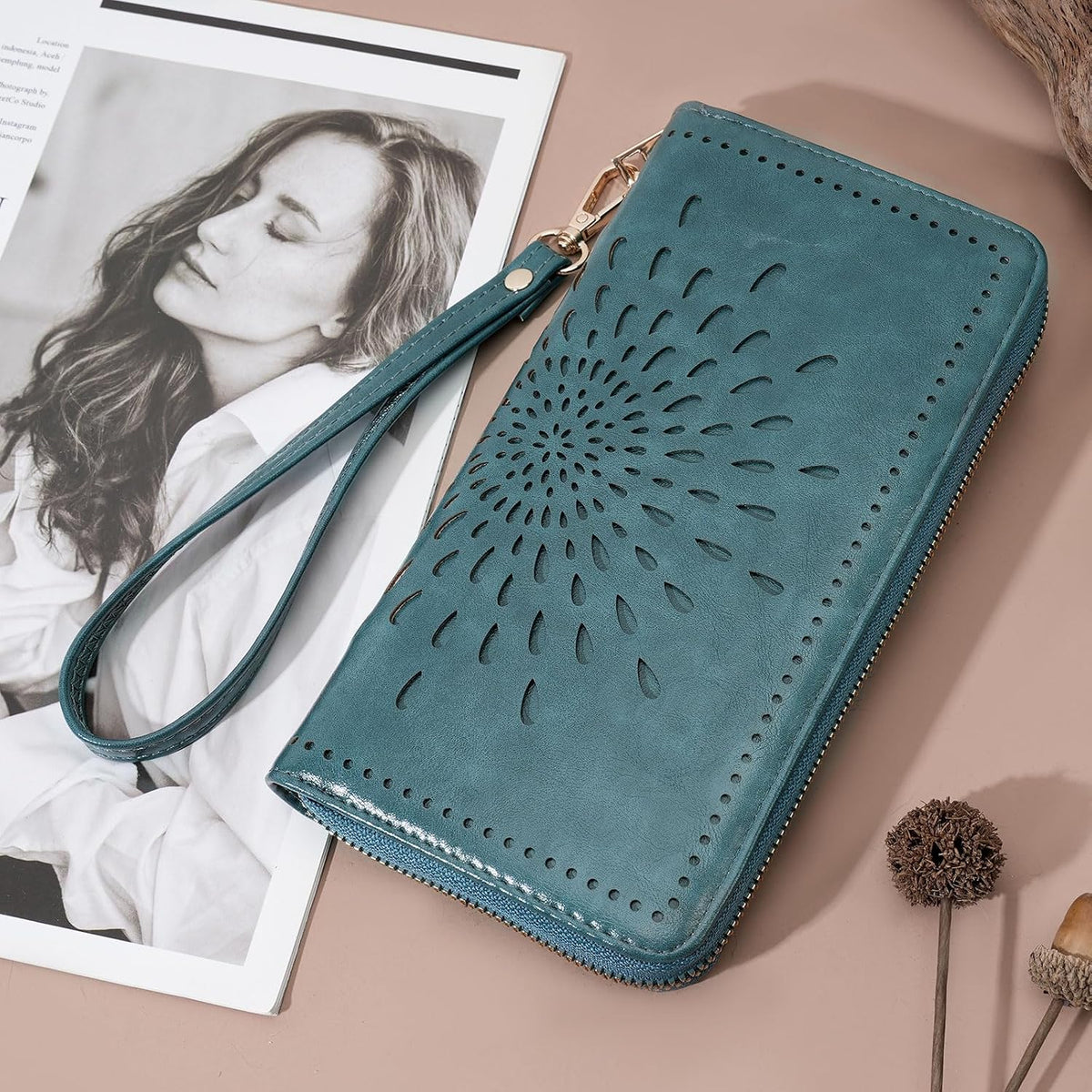 APHISON Billetera para mujer, gran capacidad, monedero, tarjetero, RFID, pulsera, teléfono, cremallera, moneda, bolsillo de viaje
