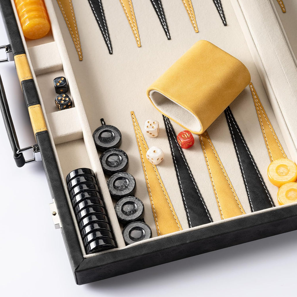Juegos de backgammon de 15 pulgadas para adultos, tablero clásico de backgammon con dados de damas únicos, exterior de piel sintética e interior de terciopelo, juego de viaje de backgammon