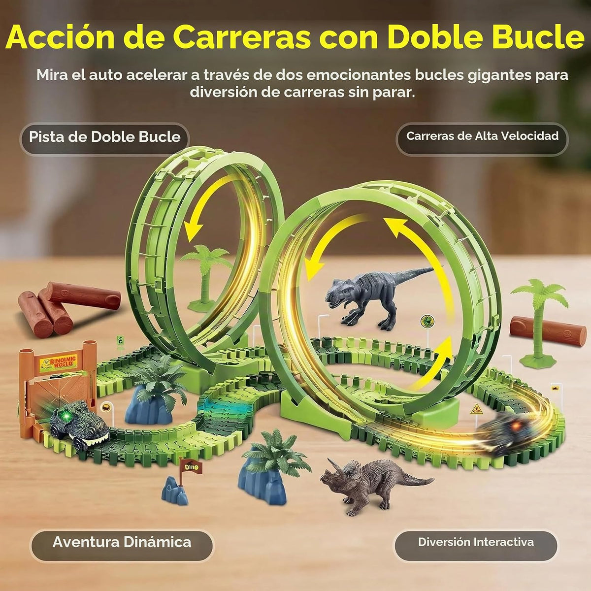 Juguetes de pista de carreras de dinosaurios para niños de 3 a 5 años, juego de pista de autos de dinosaurio de doble bucle, juego de pista de carreras de aventura flexible para niños de 4 a 7 años