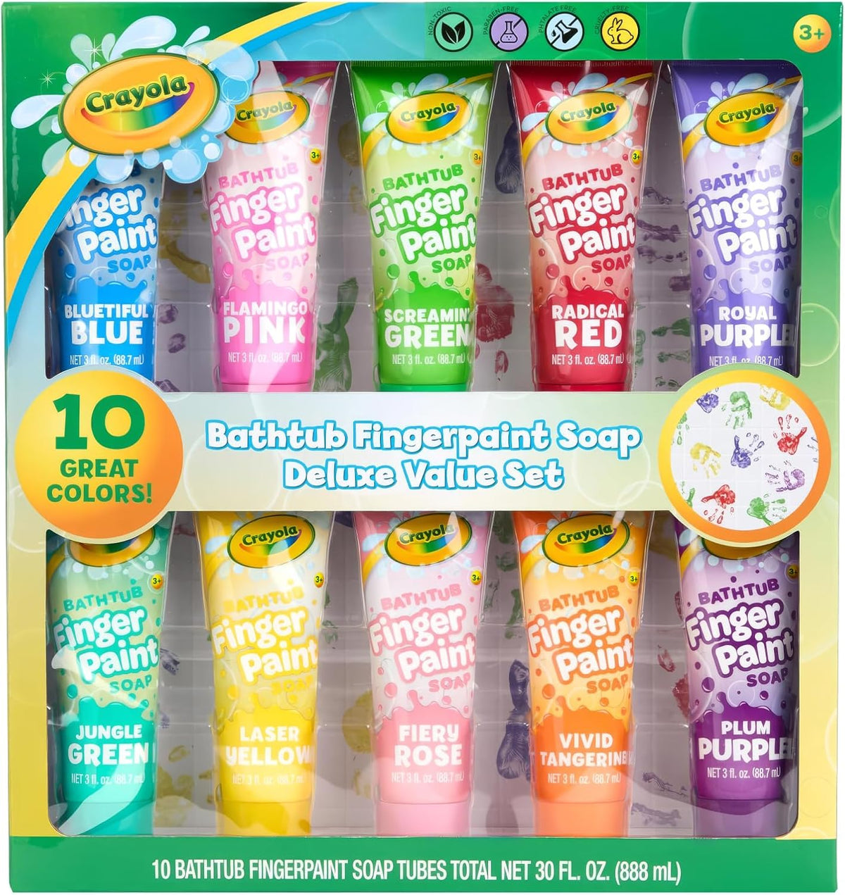 Crayola Juego de 10 piezas de pintura de dedos para bañera para niños, tubos de 3 onzas de pintura de jabón lavable, no tóxico, sin manchas, juguetes de baño para niños