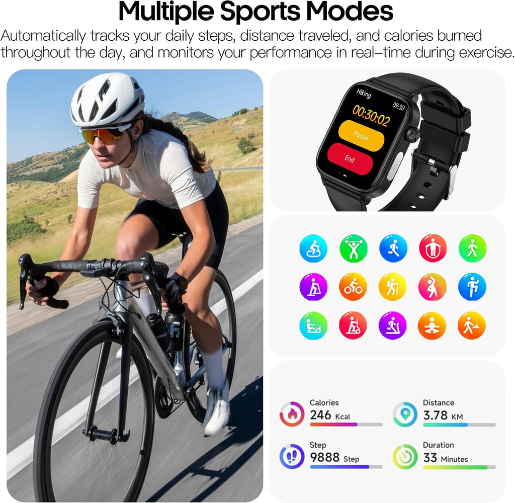 Smart Watch para Hombres y Mujeres, Pantalla HD de 1.96", Rastreador de Actividad, Monitor de Frecuencia Cardíaca y Presión Arterial 24/7, Oxígeno en Sangre y Seguimiento del Sueño, Múltiples Modos Deportivos, Resistente al Agua IP68 para Android e iOS