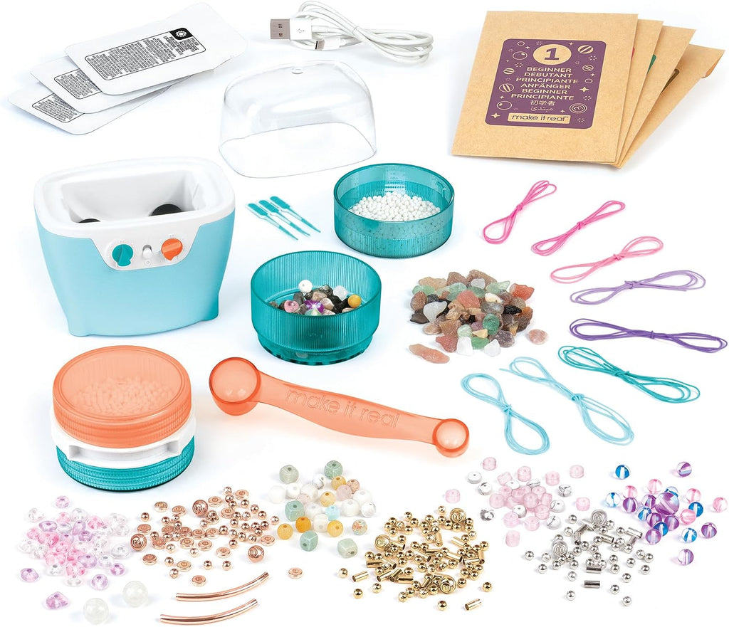 Make It Real: Kit Polish-Shine de vaso de roca y vaso de cuentas, manualidades de joyería de 327 piezas, pulidora de piedra natural, crea 8 pulseras de cuentas, preadolescentes y niñas de 8 años en adelante