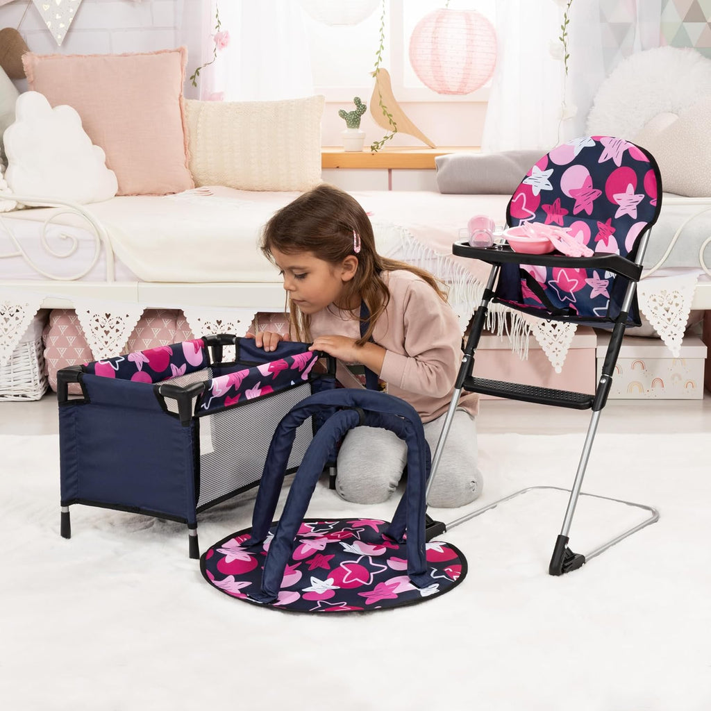 Set de muebles para muñeca Bayer 9 en 1, silla alta y cama de viaje, rosa y azul marino