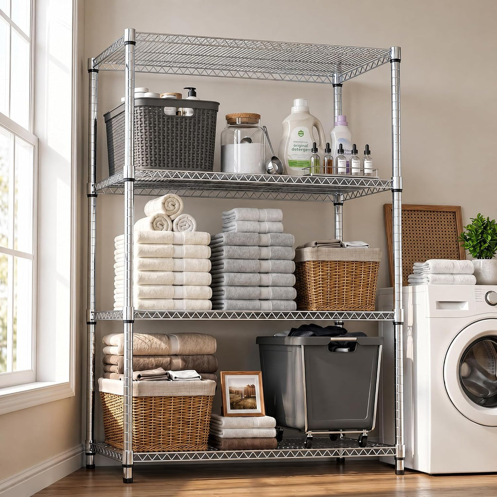 M MZG Estantería de garaje resistente de 4 estantes, estante de almacenamiento ajustable para cocina, lavandería, baño, despensa, capacidad de 2640 libras, color plateado, 17.7 x 47.3 x 70.4 pulgadas