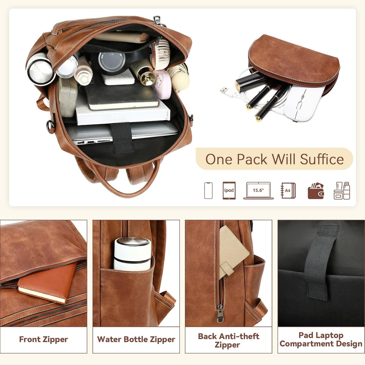 Mochila de cuero vegano AGLOD para laptop para mujer, mochila de 15...