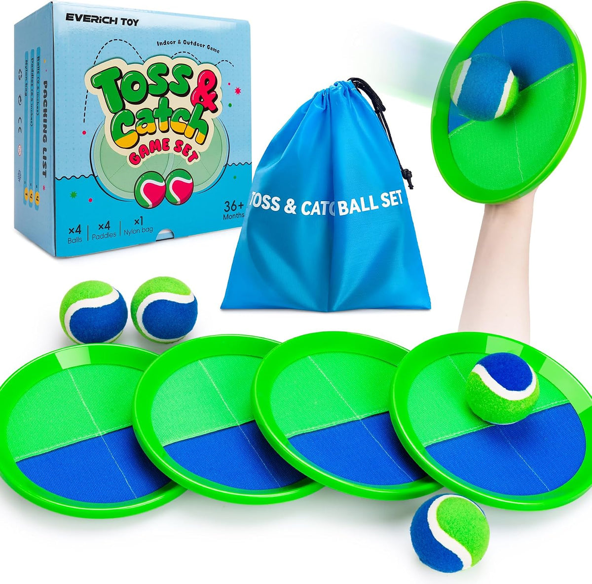 EVERICH TOY Juego de pelota para lanzar y atrapar, juego de bolas adhesivas mejoradas para niños y niños pequeños, resistente y resistente al agua, juguete para exteriores, patio trasero, playa, piscina, regalo de cumpleaños para niños y niñas de 3 a 12
