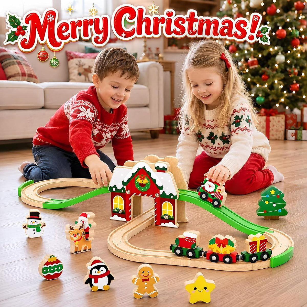 Juego de tren de madera de Navidad para niños, juguetes con manual de instrucciones (idioma español no garantizado), juguetes educativos STEM, regalos de Navidad