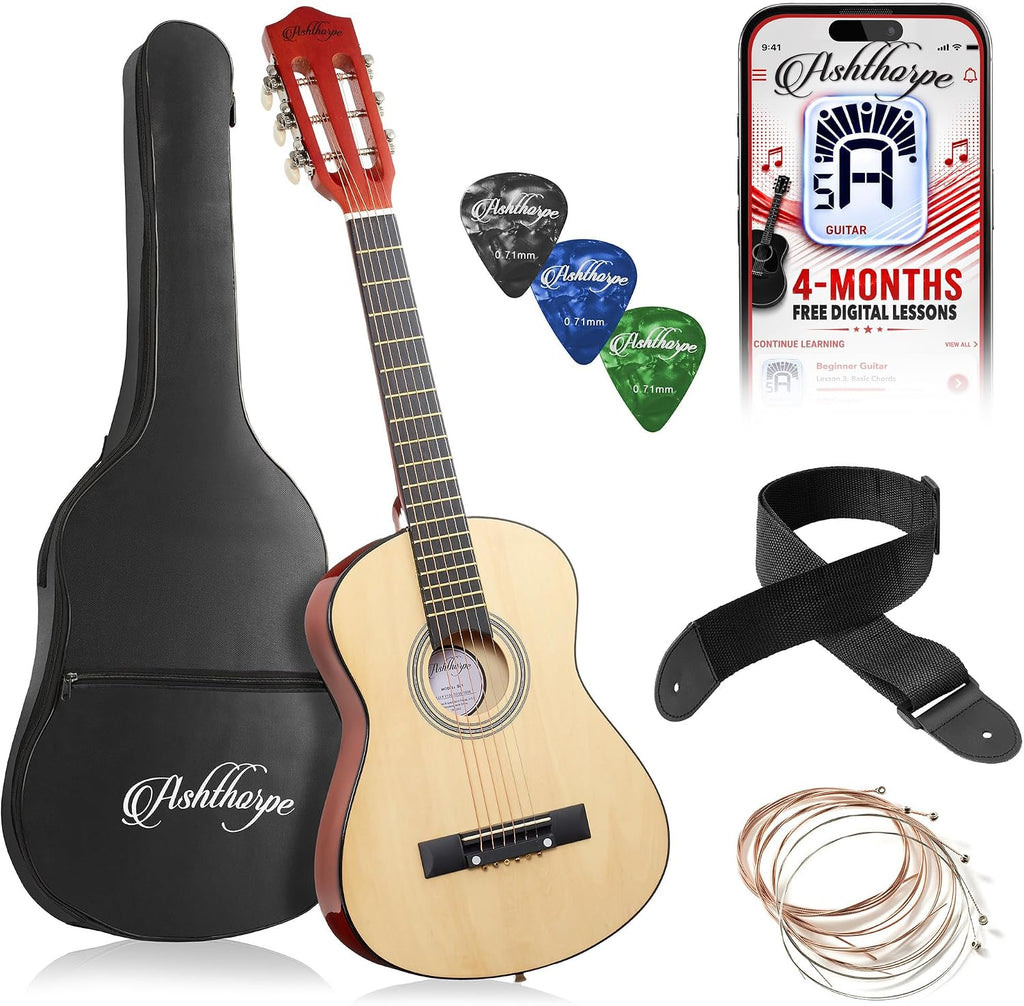 Ashthorpe Guitarra acústica infantil de 30 pulgadas (natural), kit de inicio para principiantes con bolsa de concierto, cuerdas adicionales, correa, púas y lecciones